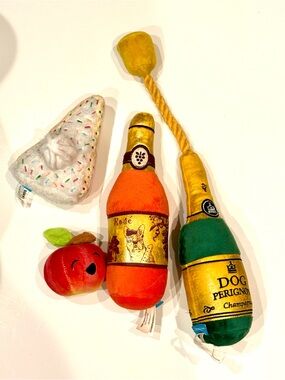 BarkBox Plush Dog Toy Bundle Rosé Champagne Cake Apple Rope Tug